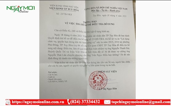 Viện KSND TP Tuy Hòa trả hồ sơ để điều tra bổ sung