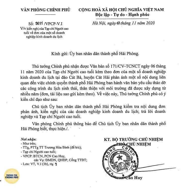 Vụ hàng chục doanh nghiệp du lịch tại huyện Cát Bà, TP. Hải Phòng kêu cứu: Thủ tướng Chính phủ chỉ đạo giải quyết