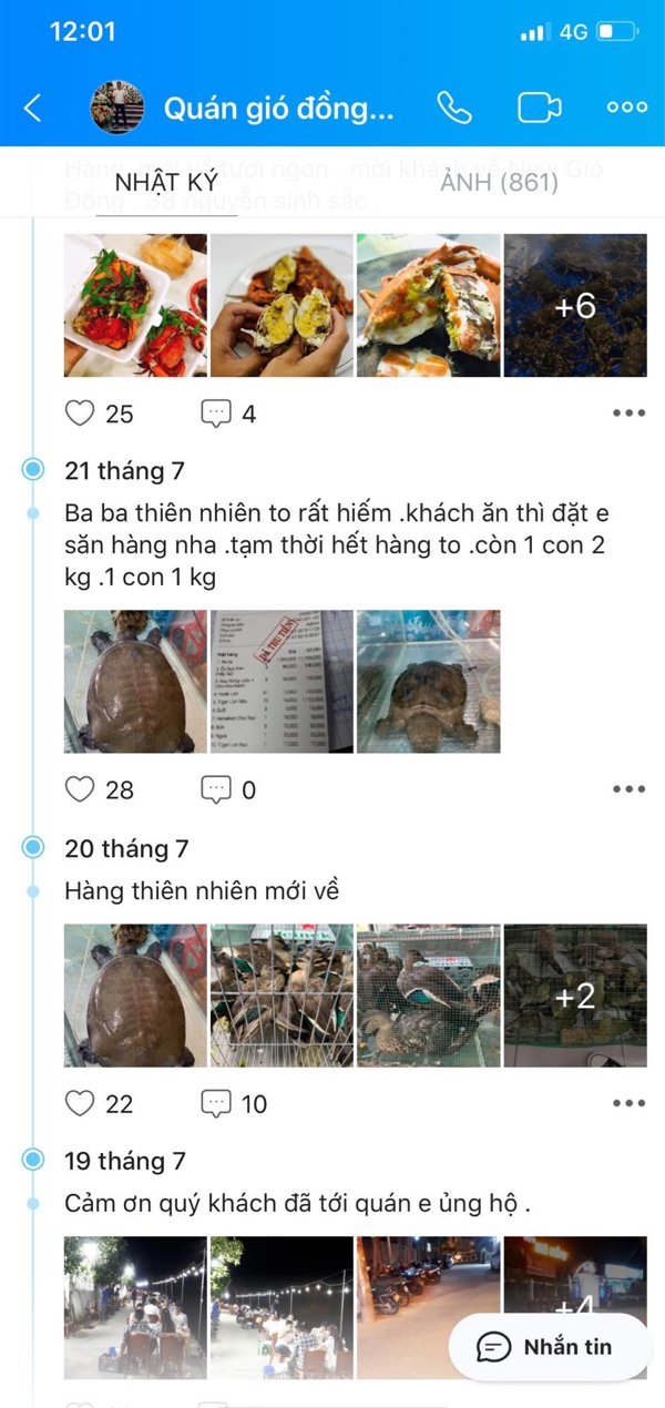 Người d&acirc;n cho biết, c&aacute;c loại đồng vật rừng được b&aacute;n, trưng b&agrave;y c&ocirc;ng khai tại qu&aacute;n New Gi&oacute; Đồng v&agrave; đăng tải tr&ecirc;n mạng x&atilde; hội