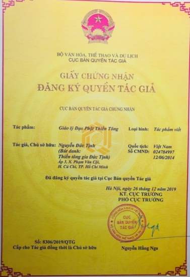 Thiền tông gia Đức Tịnh nhận “Giấy chứng nhận đăng kí quyền tác giả” tác phẩm “Giáo Lí Đạo Phật Thiền Tông”
