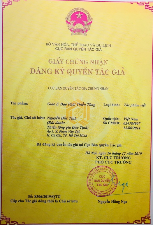 Thiền tông gia Đức Tịnh nhận “Giấy chứng nhận đăng kí quyền tác giả” tác phẩm “Giáo Lí Đạo Phật Thiền Tông”