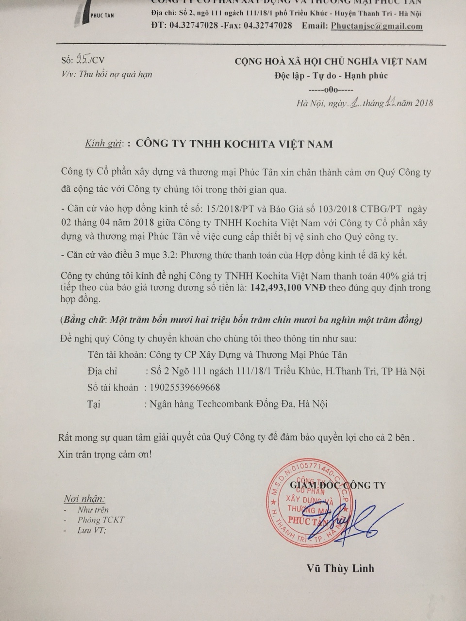 C&ocirc;ng văn C&ocirc;ng ty Ph&uacute;c T&acirc;n gửi C&ocirc;ng ty Kochita đề nghị thanh to&aacute;n nợ qu&aacute; hạn từ th&aacute;ng 11/2018 nhưng đến nay C&ocirc;ng ty Kochita vẫn kh&ocirc;ng phản hồi.