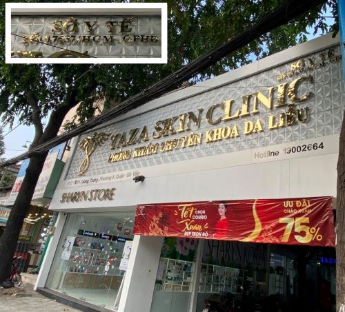 1.Biển hiệu TAZA SKIN CLINIC được trưng b&agrave;y ngay mặt tiền đường tr&ecirc;n địa chỉ 1012 -1014 Quang Trung, phường 8, quận G&ograve; Vấp, TP Hồ Ch&iacute; Minh