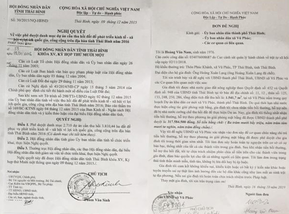 Nghị quyết ph&ecirc; duyệt số 30/2015/NQ- HĐND của HĐND tỉnh Th&aacute;i B&igrave;nh v&agrave; Đơn tự nguyện của c&ocirc;ng d&acirc;n xin nhận bồi thường sau khi bị cưỡng chế.