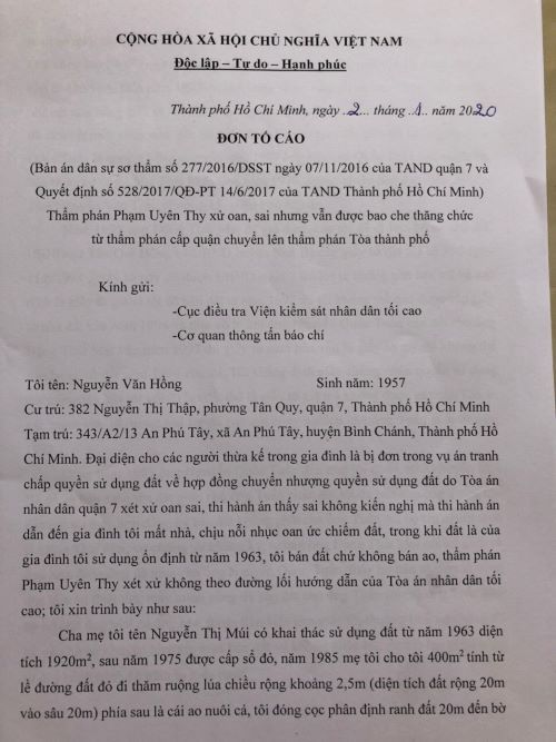 Vụ tranh chấp QSDĐ tại quận 7, TP Hồ Chí Minh: Hơn 2 năm TAND Cấp cao vẫn chưa có hồi âm (!?)
