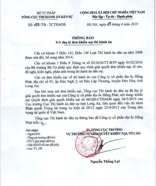 Vụ tranh chấp liên quan đến Công ty Hồng Phát: Văn bản “giấu đầu, lòi đuôi” của người “thừa lệnh Bộ trưởng, kí thay Chánh Văn phòng Bộ Tư pháp” (!)