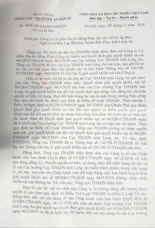 Vụ tranh chấp liên quan đến Công ty Hồng Phát: Văn bản “giấu đầu, lòi đuôi” của người “thừa lệnh Bộ trưởng, kí thay Chánh Văn phòng Bộ Tư pháp” (!)