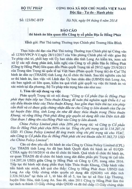 Vụ tranh chấp liên quan đến Công ty Hồng Phát: Văn bản “giấu đầu, lòi đuôi” của người “thừa lệnh Bộ trưởng, kí thay Chánh Văn phòng Bộ Tư pháp” (!)