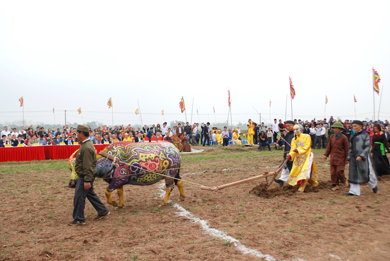 T&aacute;i hiện cảnh vua L&ecirc; Đại H&agrave;nh c&agrave;y Tịch điền tại Lễ hội Tịch điền Đọi Sơn 2019.
