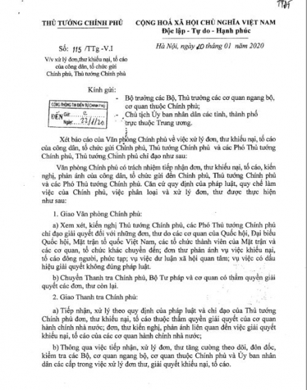 Thông điệp đầu năm của Thủ tướng Chính phủ: Tiếp tục tập trung giải quyết đơn thư khiếu nại, tố cáo