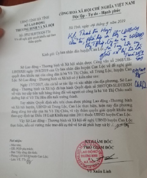 Sở v&agrave; huyện c&oacute; &yacute; kiến chỉ đạo, m&agrave; Trưởng Ph&ograve;ng LĐ-TB&amp;XH huyện Can Lộc kh&ocirc;ng nghe