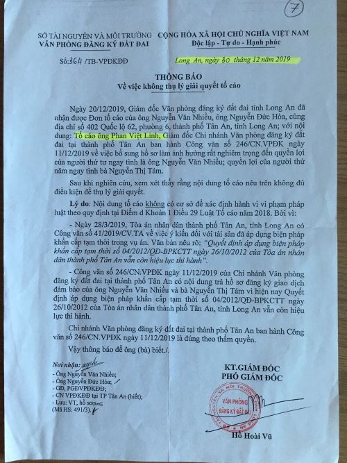 Việc giải quyết hồ sơ đăng ký thế chấp QSDĐ của ông Nguyễn Văn Nhiều và bà Nguyễn Thị Tám ở TP Tân An, tỉnh Long An: Cần thu hồi việc ngăn chặn!     