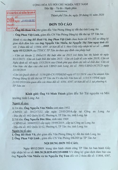 Việc giải quyết hồ sơ đăng ký thế chấp QSDĐ của ông Nguyễn Văn Nhiều và bà Nguyễn Thị Tám ở TP Tân An, tỉnh Long An: Cần thu hồi việc ngăn chặn!     