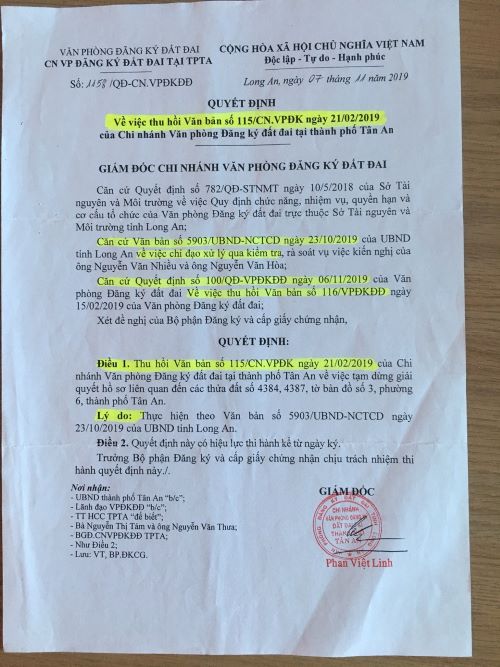 Việc giải quyết hồ sơ đăng ký thế chấp QSDĐ của ông Nguyễn Văn Nhiều và bà Nguyễn Thị Tám ở TP Tân An, tỉnh Long An: Cần thu hồi việc ngăn chặn!     