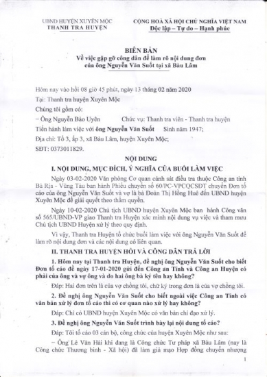 Tỉnh Bà Rịa - Vũng Tàu: Cơ quan chức năng vào cuộc giải quyết đơn tố cáo của vợ chồng ông Suốt