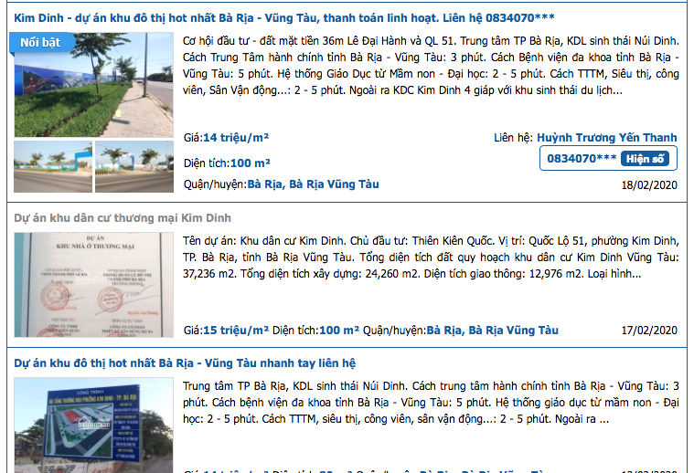 Dự án Khu dân cư Kim Dinh 4, TP Bà Rịa, tỉnh Bà Rịa - Vũng Tàu: Vẫn ngang nhiên rao bán rầm rộ trên mạng