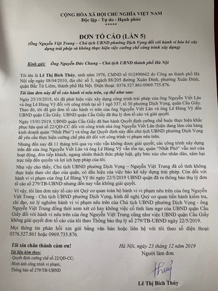 Đơn tố c&aacute;o lần thứ 5 của c&ocirc;ng d&acirc;n