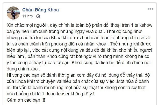 Nam nhạc sĩ bức x&uacute;c viết tr&ecirc;n trang c&aacute; nh&acirc;n rằng, chương tr&igrave;nh đ&atilde; bị cắt gh&eacute;p lời phỏng vấn khiến dư luận hiểu sai &yacute;.