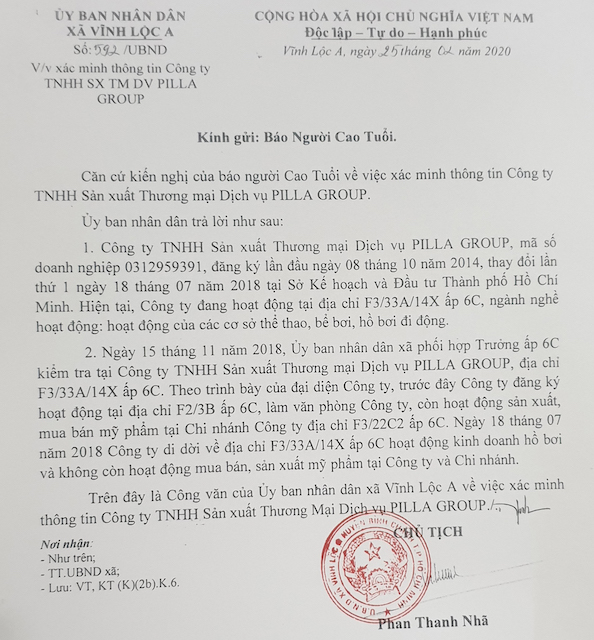 C&ocirc;ng văn trả lời b&aacute;o Người cao tuổi của UBND x&atilde; Vĩnh Lộc A, huyện B&igrave;nh Ch&aacute;nh, TP Hồ Ch&iacute; Minh