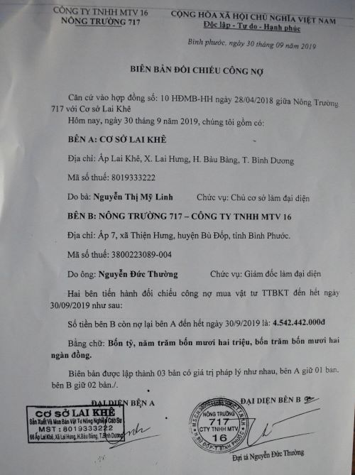 Doanh nghiệp Lai Khê (Bình Phước): Kêu cứu vì Nông trường 717 chây ỳ không trả nợ
