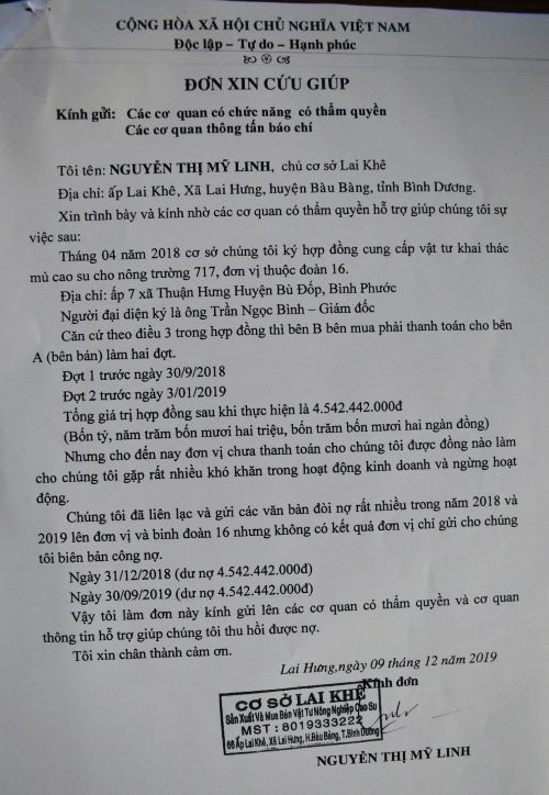 Doanh nghiệp Lai Khê (Bình Phước): Kêu cứu vì Nông trường 717 chây ỳ không trả nợ