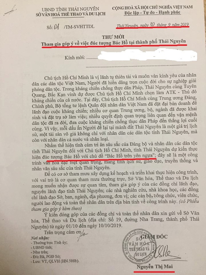Thư mời của Sở Văn h&oacute;a Thể thao v&agrave; Du lịch Th&aacute;i Nguy&ecirc;n