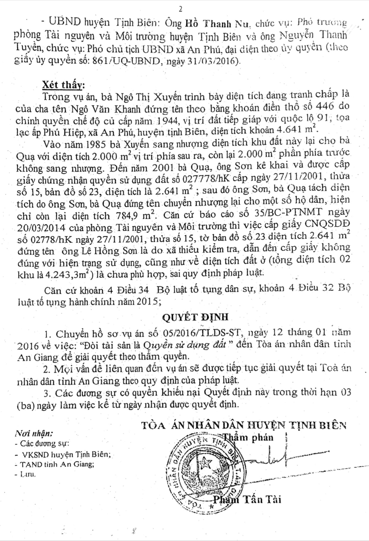 Xét xử tranh chấp QSDĐ ở huyện Tịnh Biên, tỉnh An Giang: Bản án sơ thẩm chưa khách quan