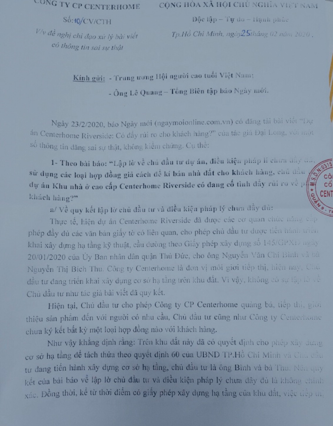 Hồi âm công văn của Công ty CP Centerhome: Báo điện tử Ngày mới thông tin khách quan, đúng sự thật