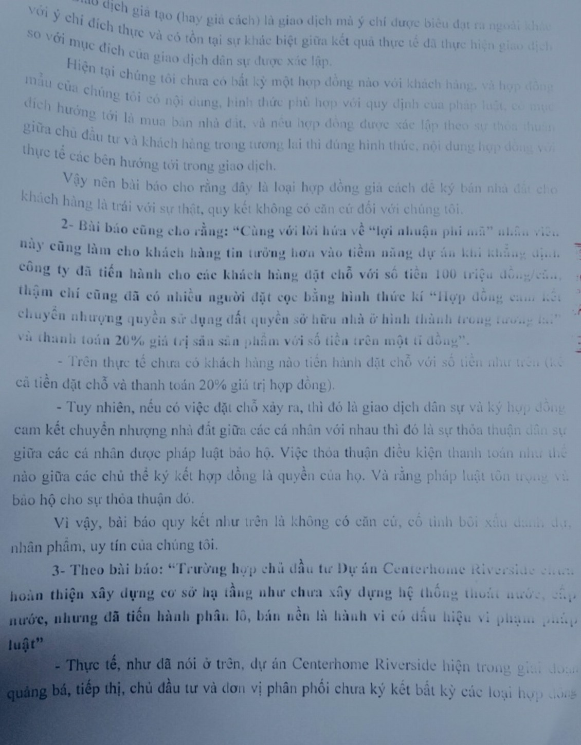 Hồi âm công văn của Công ty CP Centerhome: Báo điện tử Ngày mới thông tin khách quan, đúng sự thật
