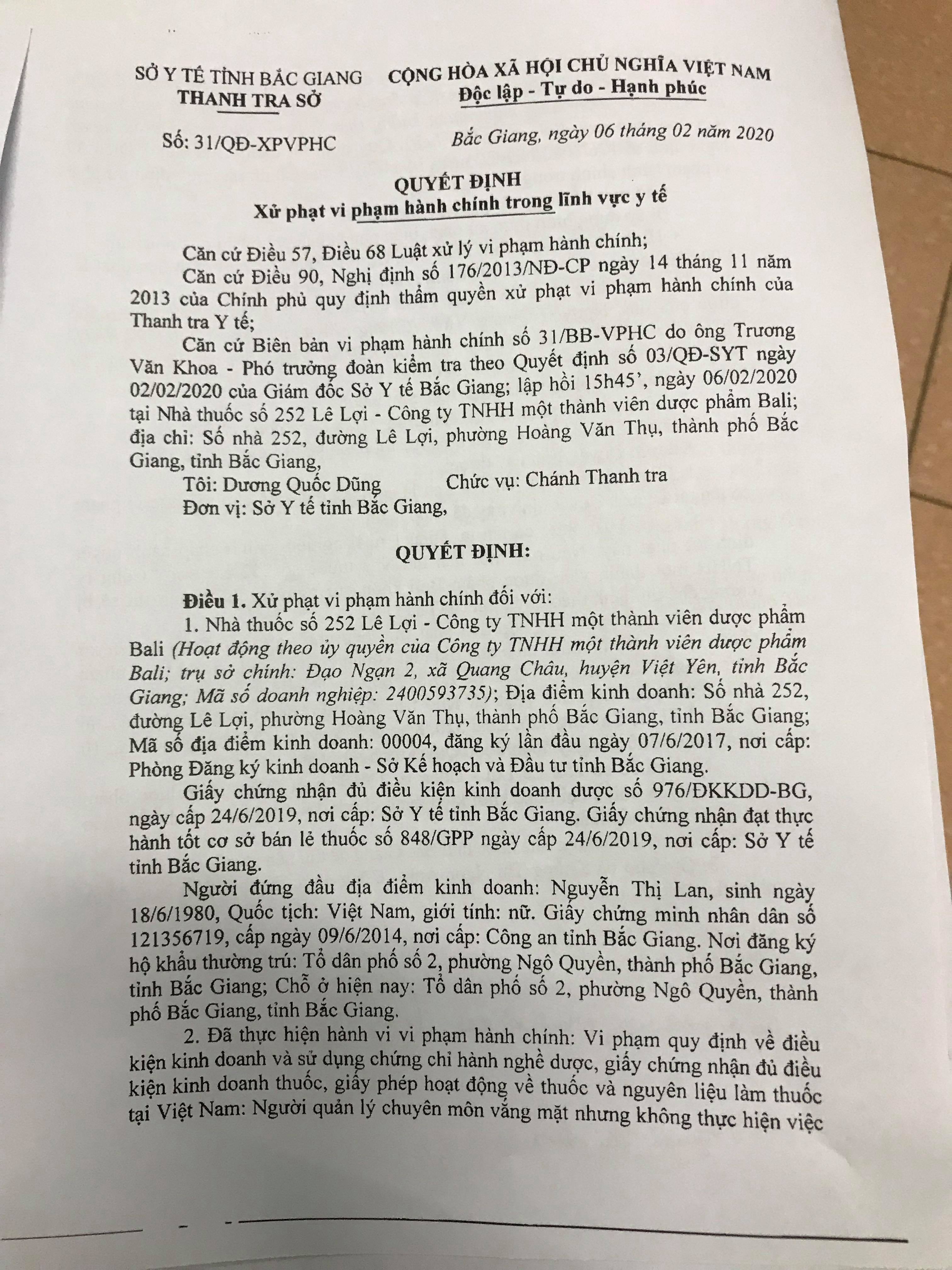 Theo quyết định xử phạt của Thanh Tra Sở Y tế Bắc Giang, nh&agrave; thuốc T&acirc;n Mai buộc bị đ&oacute;ng cửa 3 th&aacute;ng
