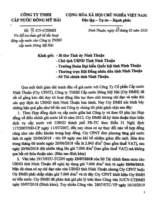 Tỉnh Ninh Thuận: Đơn phương, “vô cớ” tăng giá bán buôn nước sạch bằng giá bán lẻ theo quy định của tỉnh, đẩy doanh nghiệp vào khủng hoảng!