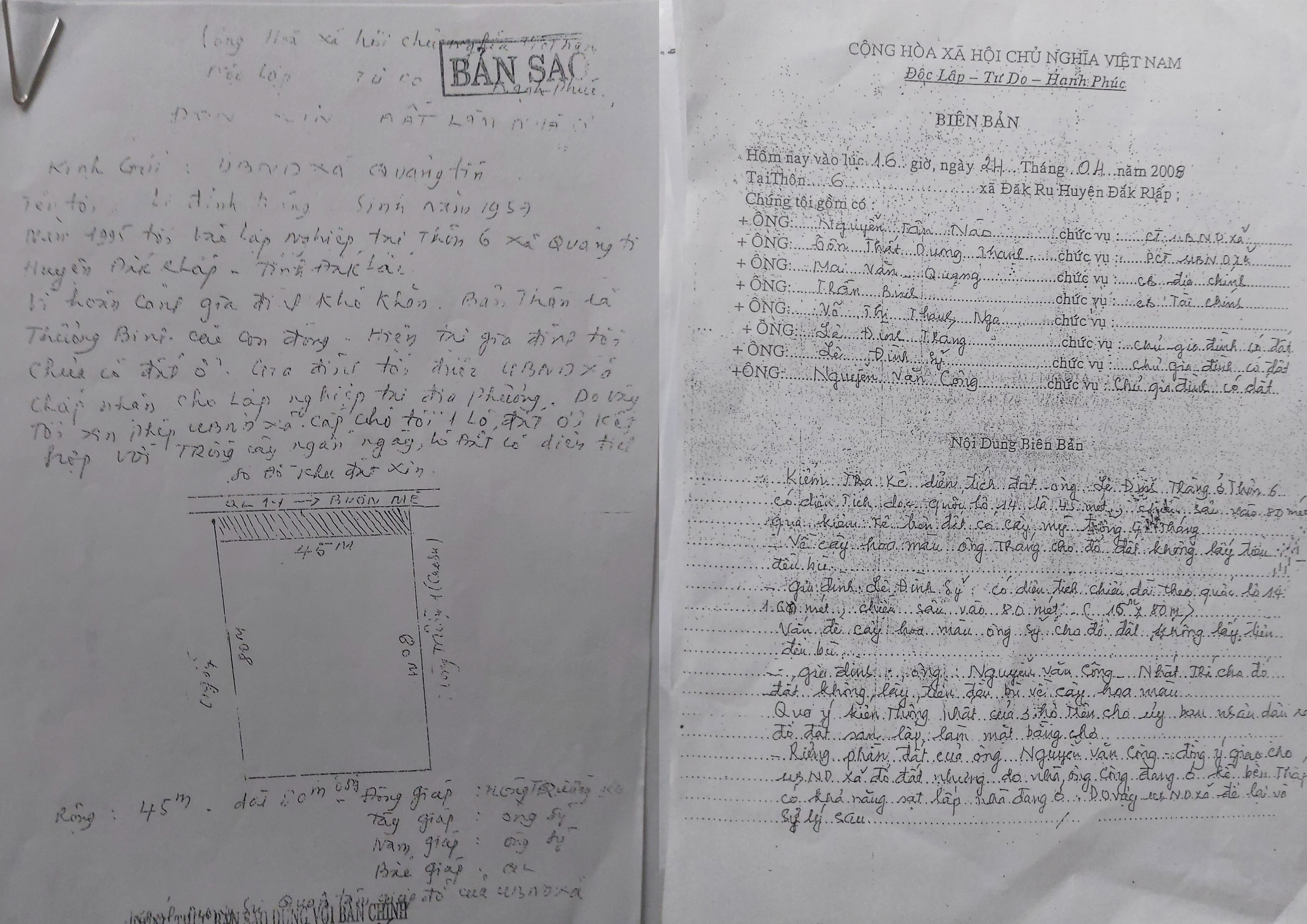 Đơn xin đất của gia đ&igrave;nh &ocirc;ng L&ecirc; Đ&igrave;nh Tr&aacute;ng được UBND x&atilde; Quảng T&iacute;n (cũ) đồng &yacute; v&agrave; Bi&ecirc;n bản xin đổ đất của UBND x&atilde; Đắk Ru