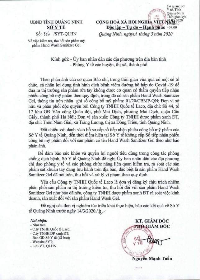 Văn bản y&ecirc;u cầu của Sở y tế tỉnh Quảng Ninh