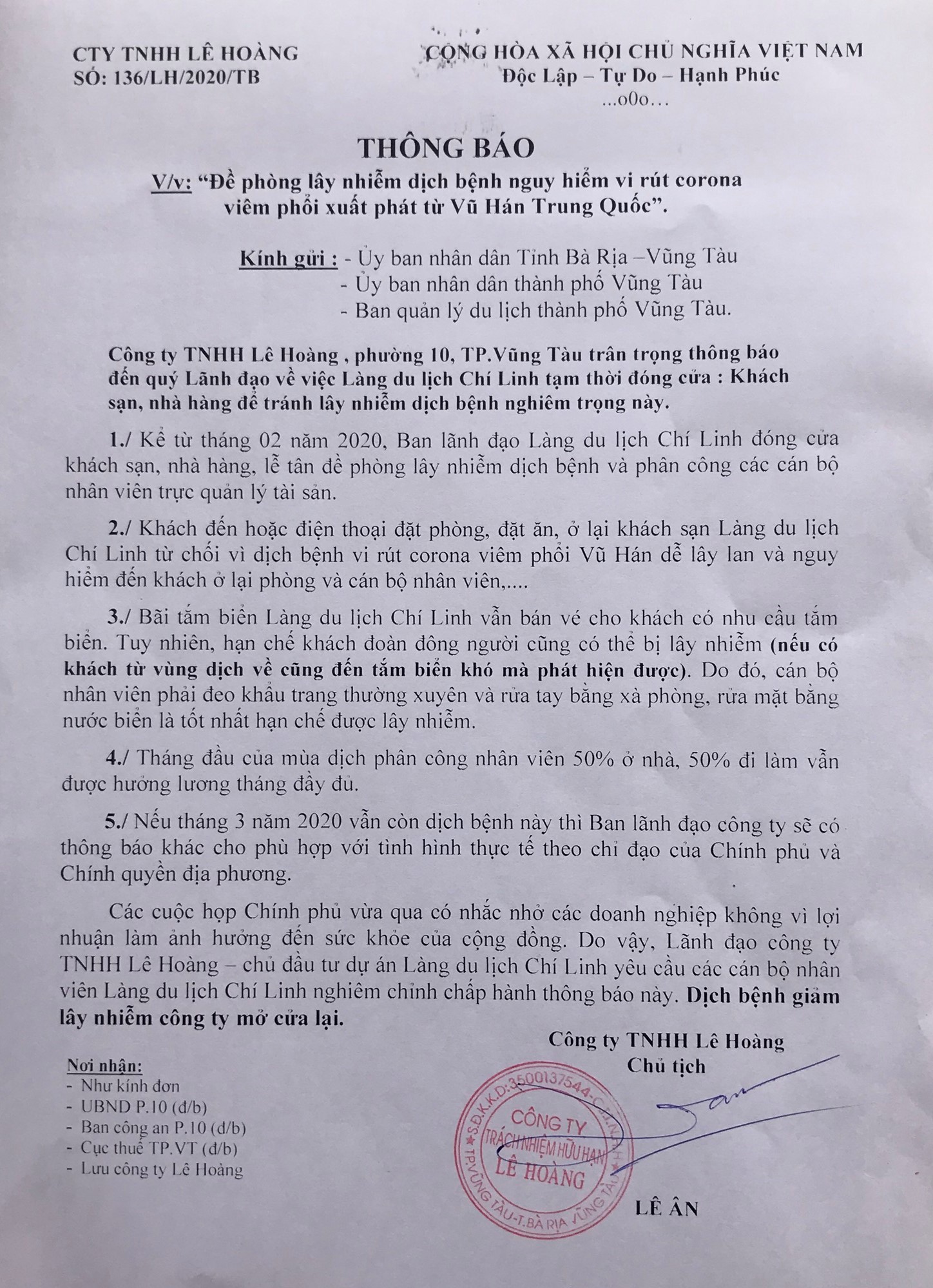 Đại gia Lê Ân thông báo: Làng du lịch Chí Linh tạm thời đóng cửa khách sạn, nhà hàng để tránh lây nhiễm dịch bệnh Covid – 19