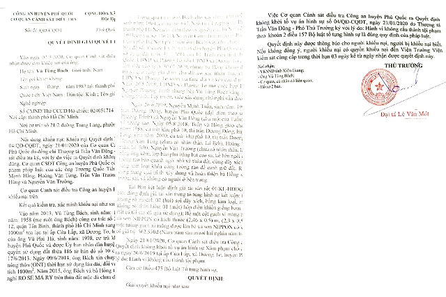 Quyết định giải quyết khiếu nại số 01/QĐ-CQĐT của Cơ quan CSĐT C&ocirc;ng an huyện Ph&uacute; Quốc