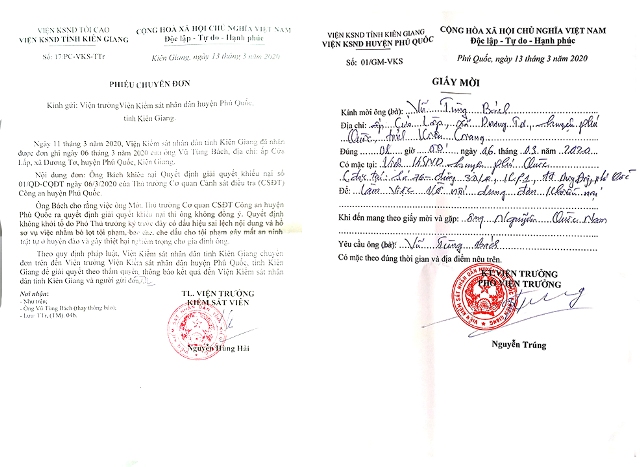 Phiếu chuyển đơn của Viện KSND tỉnh Ki&ecirc;n Giang v&agrave; Giấy mời của Viện KSND huyện Ph&uacute; Quốc