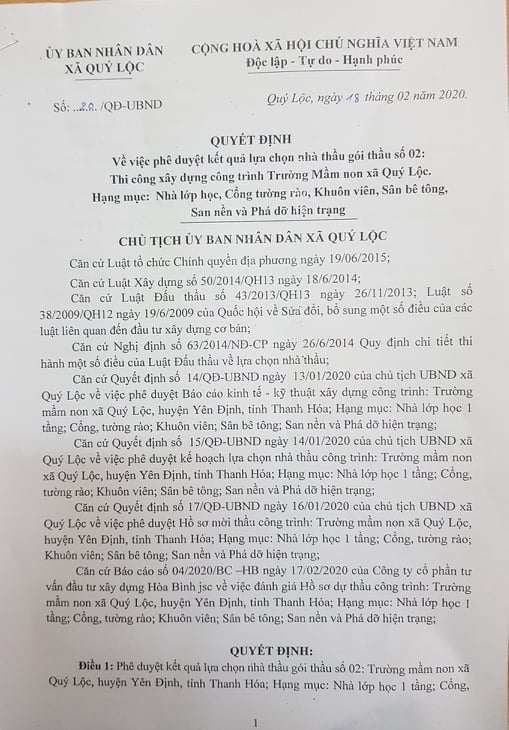 Quyết định ph&ecirc; duyệt kết quả chọn nh&agrave; thầu g&oacute;i thầu số 02: Thi c&ocirc;ng x&acirc;y dựng c&ocirc;ng tr&igrave;nh Trường Mầm non x&atilde; Qu&yacute; Lộc