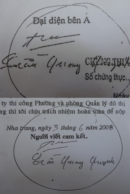Chữ k&iacute; v&agrave; chữ viết giả mạo &ocirc;ng Trần Quang Quynh trong hợp đồng điện, nước