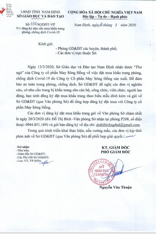 Sở gi&aacute;o dục tỉnh Nam Định y&ecirc;u cầu c&aacute;c ph&ograve;ng ban thuộc sở đăng k&yacute; mua khẩu trang của C&ocirc;ng ty CP may S&ocirc;ng Hồng