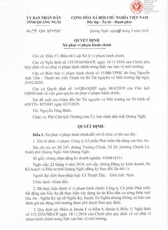 San lấp trái phép ruộng lúa của dân, bất động sản Gia An bị phạt 300 triệu đồng