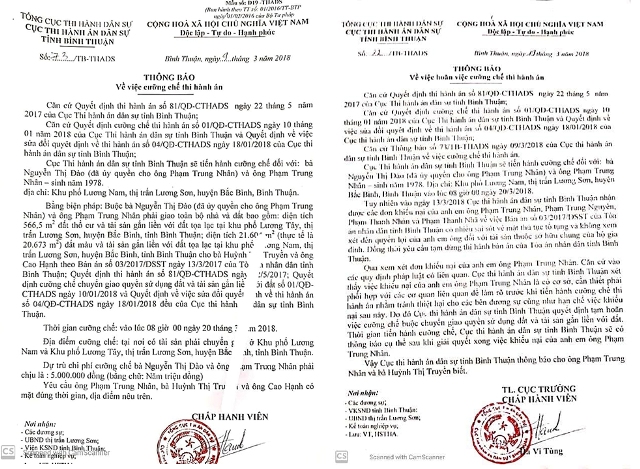 Th&ocirc;ng b&aacute;o cưỡng chế thi h&agrave;nh &aacute;n v&agrave; ho&atilde;n cưỡng chế thi h&agrave;nh &aacute;n của Cục Thi h&agrave;nh &aacute;n d&acirc;n sự tỉnh B&igrave;nh Thuận