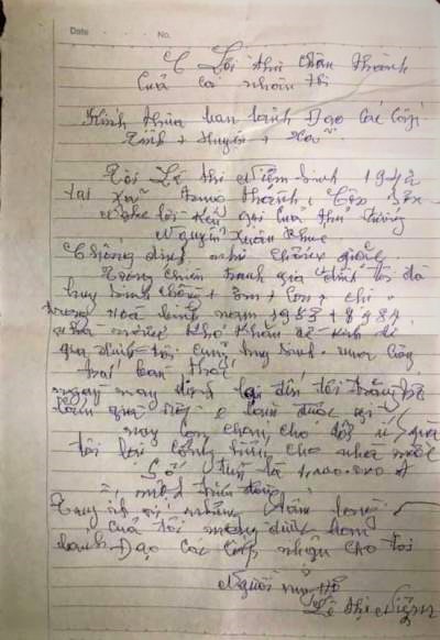 L&aacute; thư x&uacute;c động của b&agrave; L&ecirc; Thị Niệm.