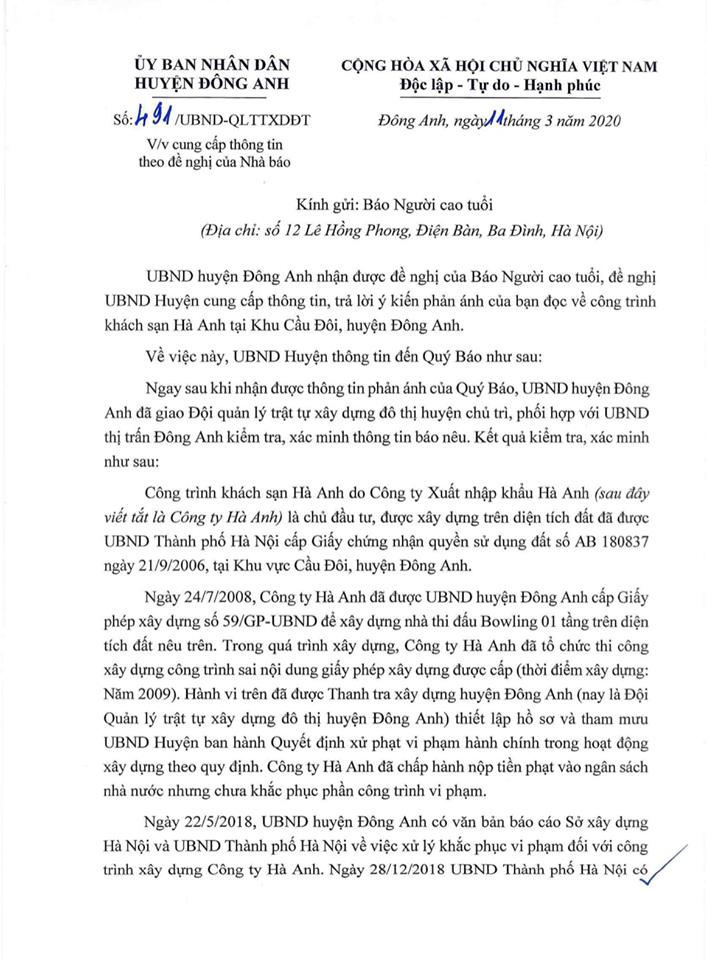 Ng&agrave;y 11/3/2020, UBND huyện Đ&ocirc;ng Anh c&oacute; văn bản phản hồi th&ocirc;ng tin