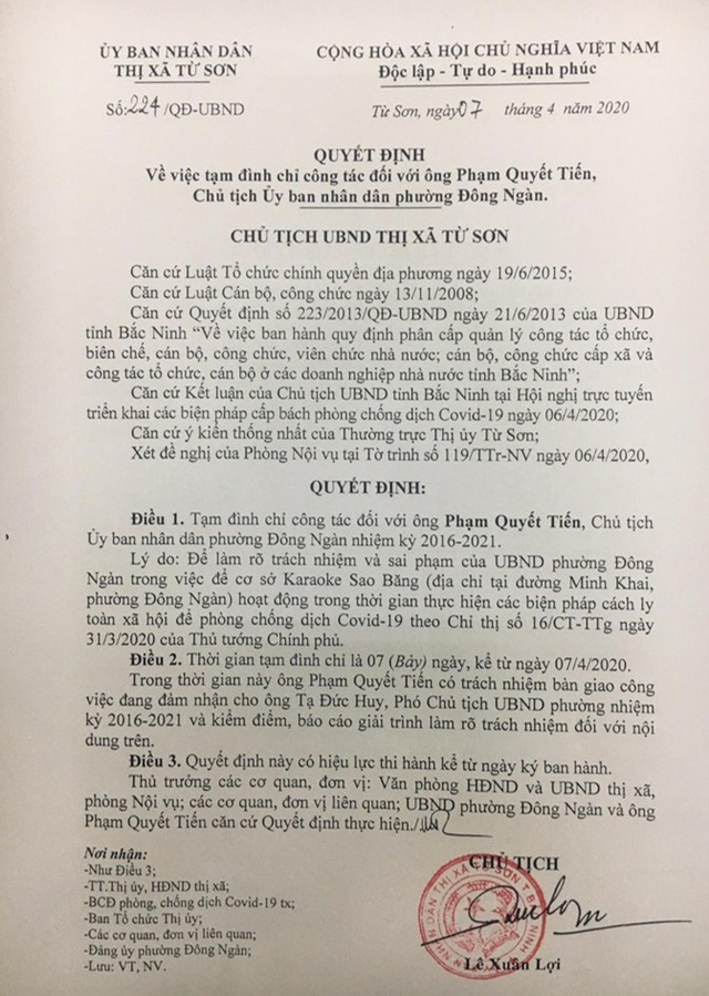 Bắc Ninh: Tạm đình chỉ chức vụ Chủ tịch UBNDphường Đông Ngàn do để karaoke Sao Băng hoạt động