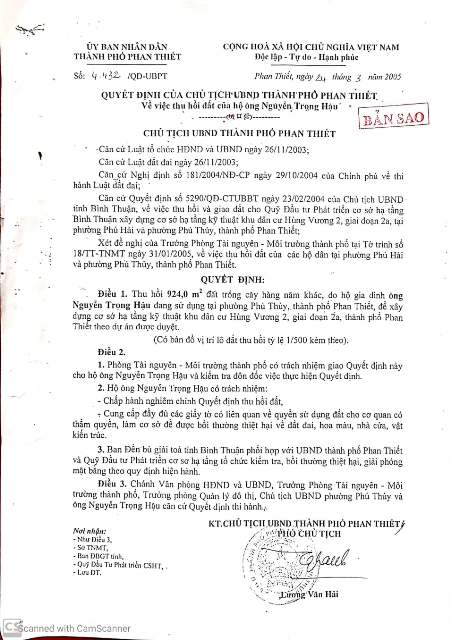 Một trong những quyết định thu hồi đất của người d&acirc;n