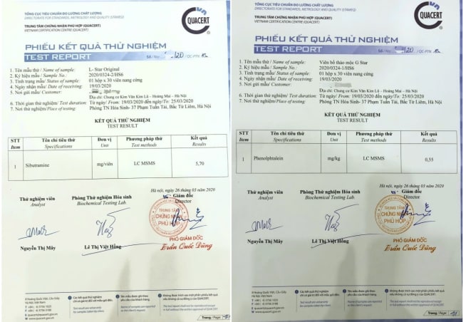 Phiếu kết quả kiểm nghiệm cho thấy 2 sản phẩm G-Star v&agrave; L-Star c&oacute; chứa chất cấm của Bộ Y Tế.