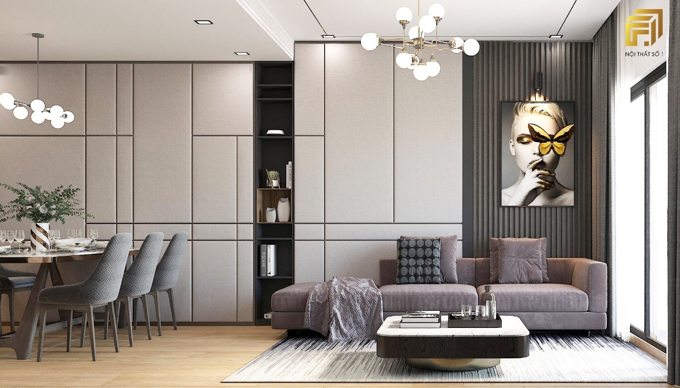 Tone m&agrave;u nội thất ghi v&agrave; trắng sữa tạo kh&ocirc;ng gian tinh tế cho căn ph&ograve;ng