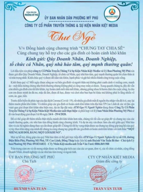  Phường Mỹ Phú, TP Cao Lãnh, tỉnh Đồng Tháp: Mở ATM Gạo cho đồng bào có hoàn cảnh khó khăn