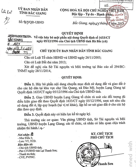 Quyết định số 469/QĐ-UBND tỉnh Bắc Giang bị người d&acirc;n khiếu nại