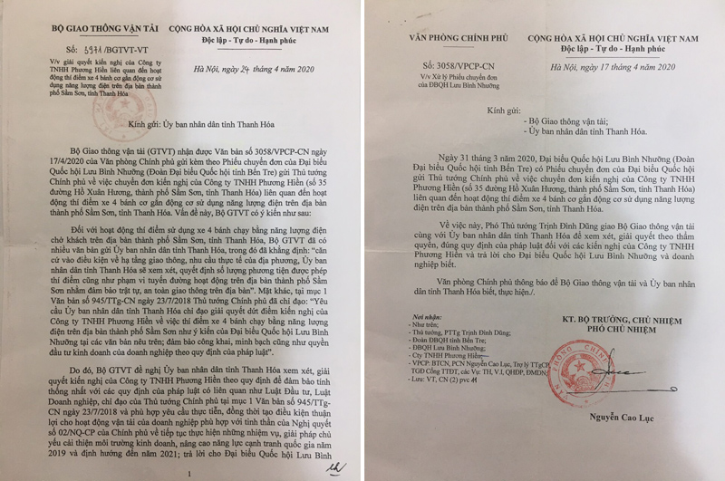Li&ecirc;n tiếp trong th&aacute;ng 4/2020 Văn ph&ograve;ng Ch&iacute;nh phủ, Bộ GTVT c&oacute; văn bản chỉ đạo v&agrave; hướng dẫn tỉnh Thanh H&oacute;a giải quyết kiến nghị vụ xe điện của C&ocirc;ng ty Phương Hiền.
